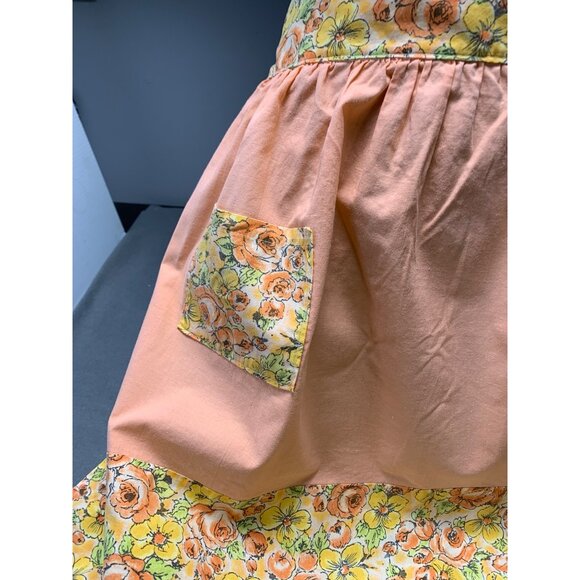 Vintage Handmade Floral Apron Pocket & Tie-Back Design Peach & Yellow Fabric Wai - Picture 2 of 5